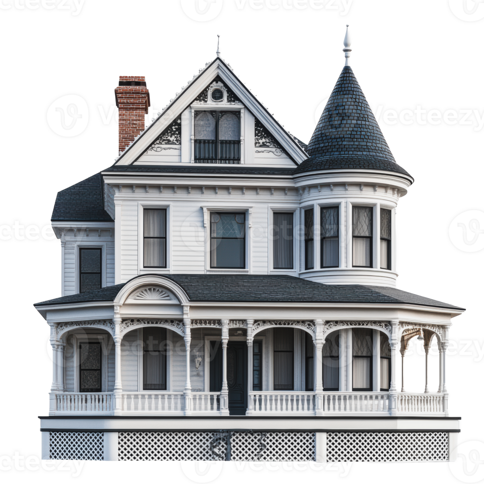 Victorian-style house with a turret and wraparound porch during daylight png