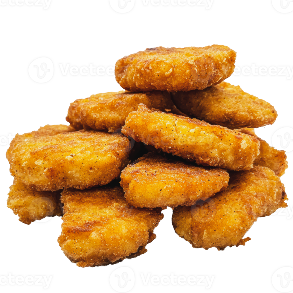 Golden fried chicken nuggets stacked on a plate in a casual dining setting png