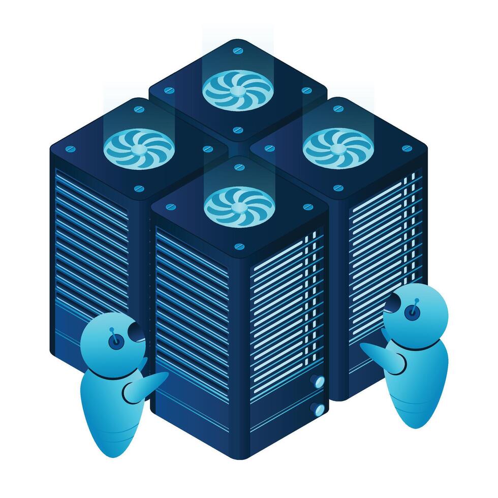 Isometric futuristic server. Isometric database or data center. Abstract blockchain. Computer storage. Cloud storage. illustration vector