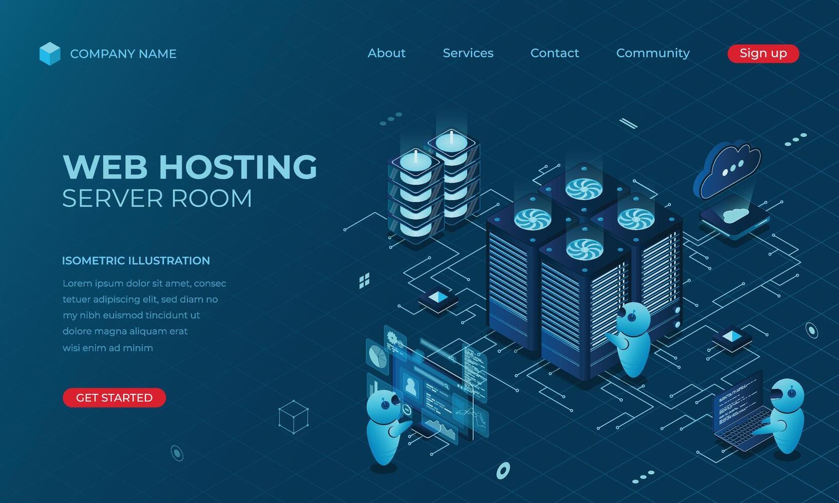 Isometric web hosting landing page concept. Concept of server hosting. Online computing technology. Digital technology website landing page vector