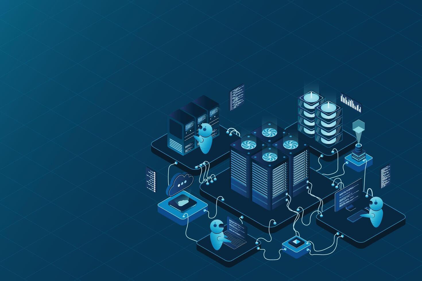 Isometric data center or server room. Data center connection network. Cloud storage. Isometric high technology concept. illustration vector