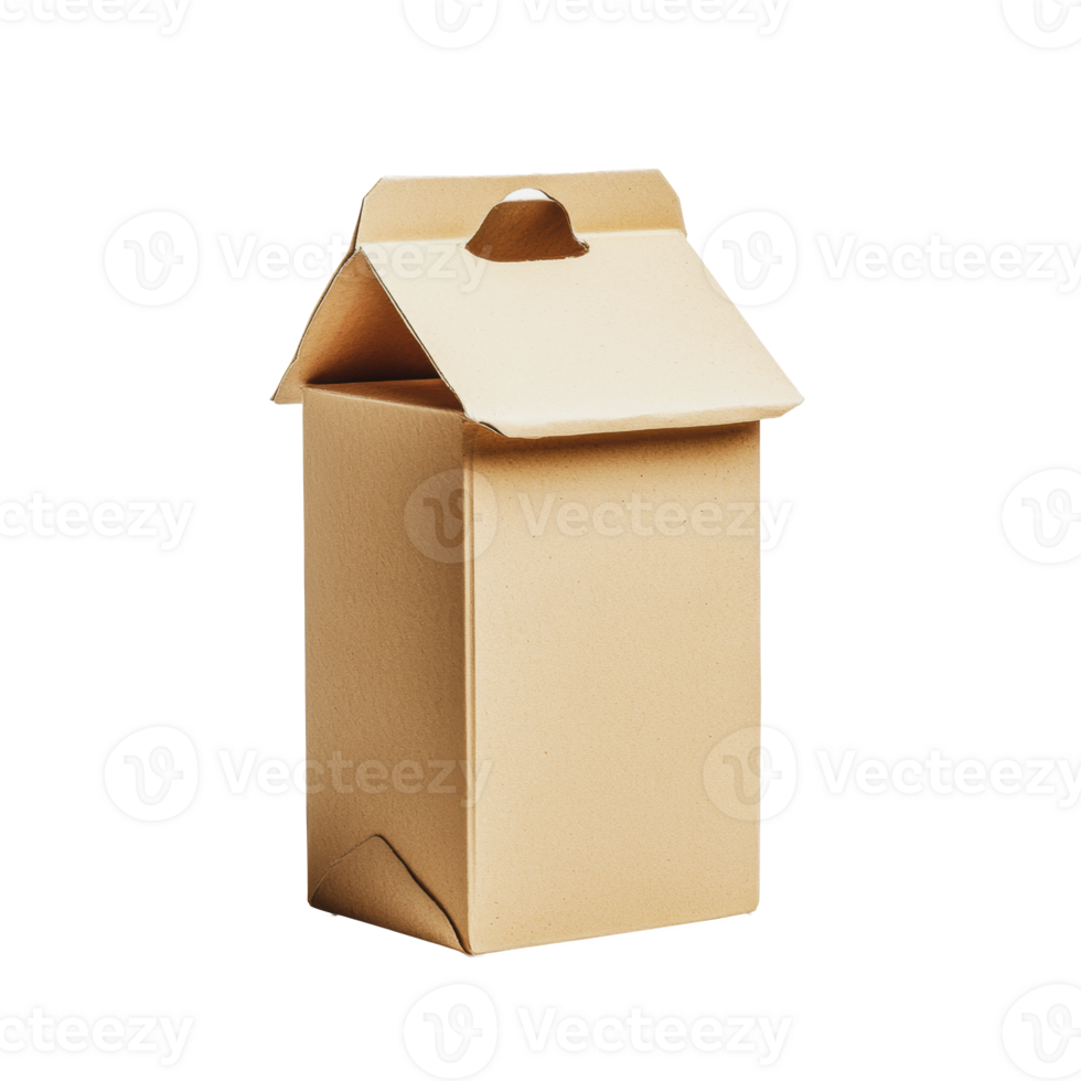 Brown kraft paper box with handle, empty and upright, suitable for packaging and storage png