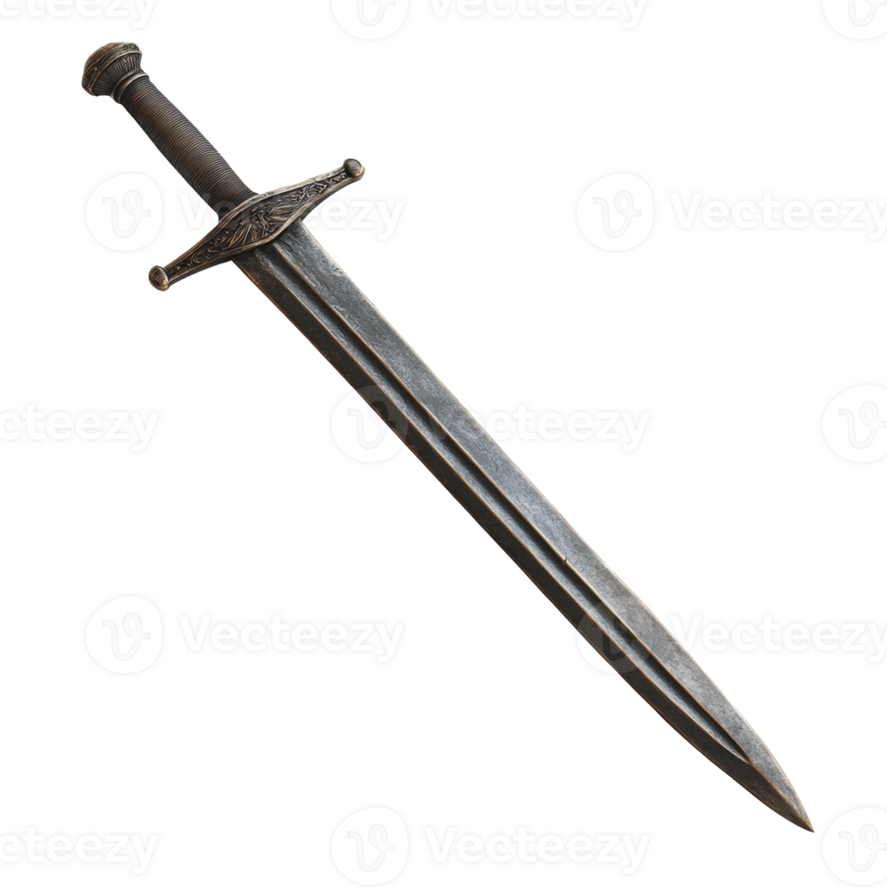 A detailed view of an ornate sword with a crossguard and intricately designed hilt, displayed against a neutral background png