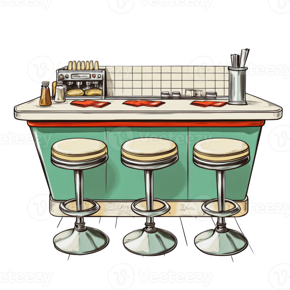 Retro diner countertop with three stools and condiments in a nostalgic setting png