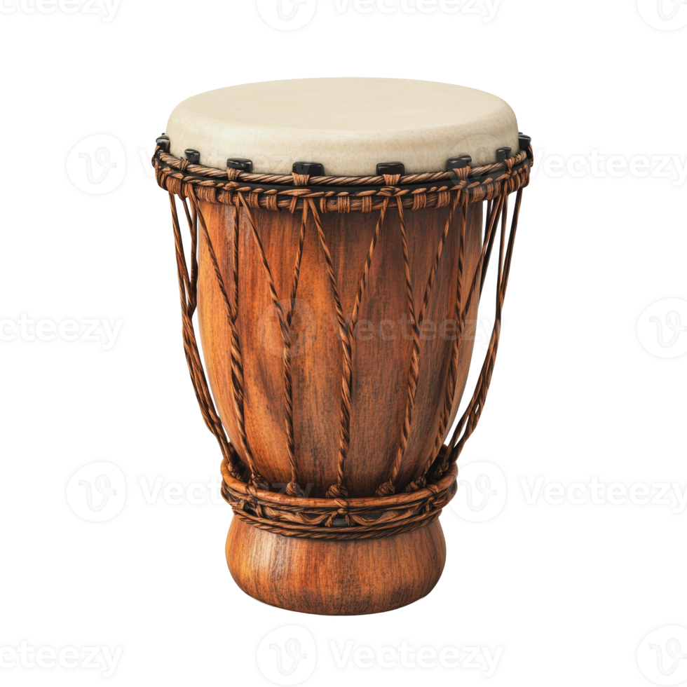 Traditional wooden drum with a light skin top and woven detail, displayed in bright lighting png