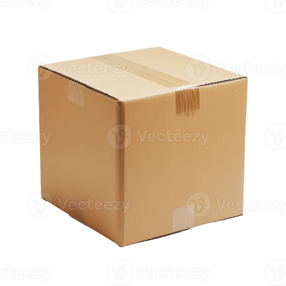 A plain brown cardboard box with tape, positioned on a neutral background png