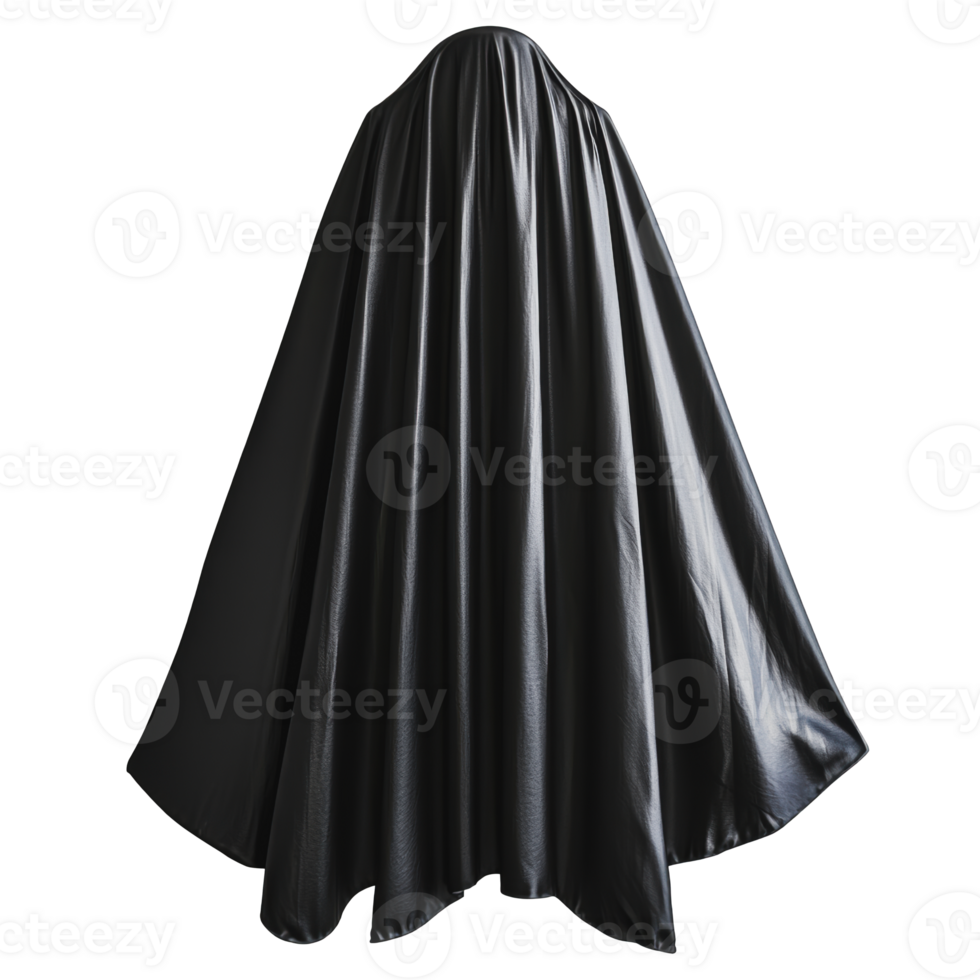 A person in a flowing black cape stands still in a dimly lit space, creating an aura of mystery and intrigue png