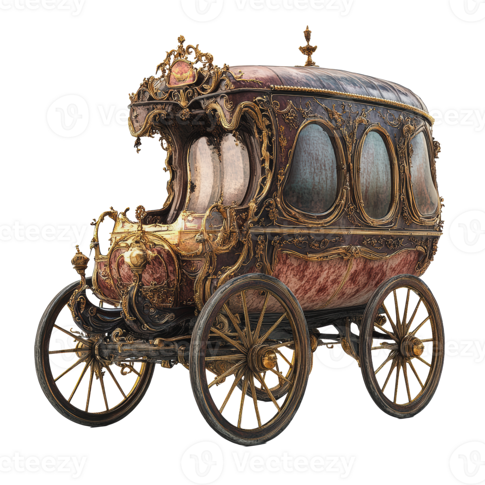Ornate vintage carriage with intricate gold detailing displayed on a white background png