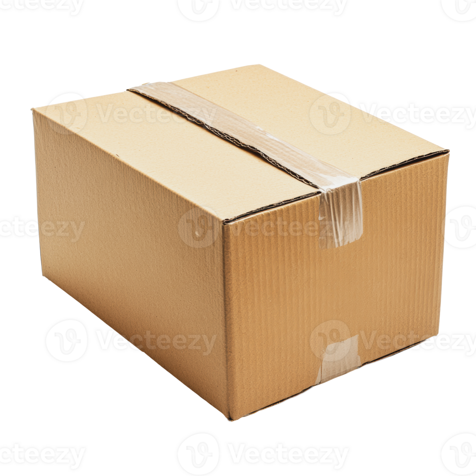 Brown cardboard box sealed with tape, placed on a flat surface in a well-lit indoor setting png