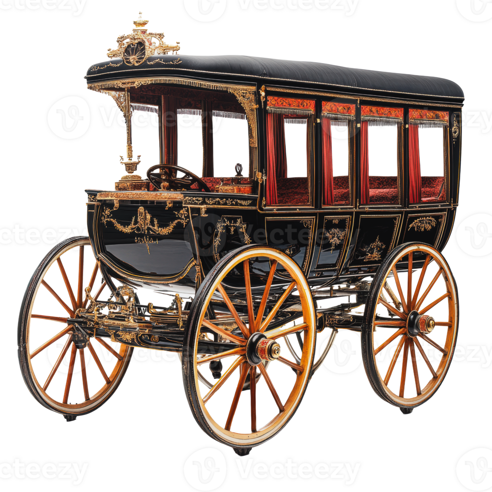Elegant antique horse-drawn carriage displayed in a museum with intricate detailing and vibrant upholstery png