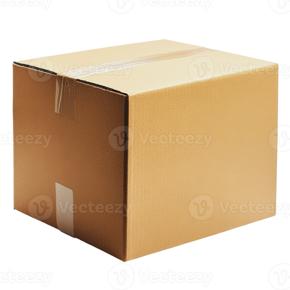 Brown cardboard box with tape, placed on a flat surface, ready for shipping or storage png