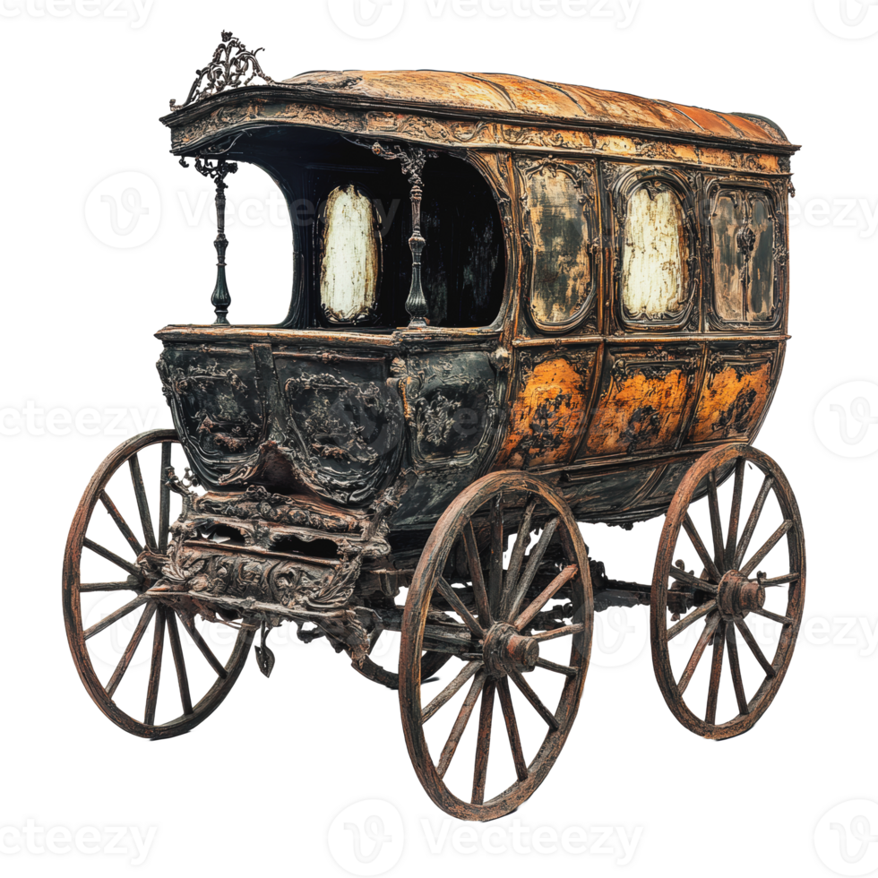 Antique horse-drawn carriage on display at a historical museum in late afternoon light png