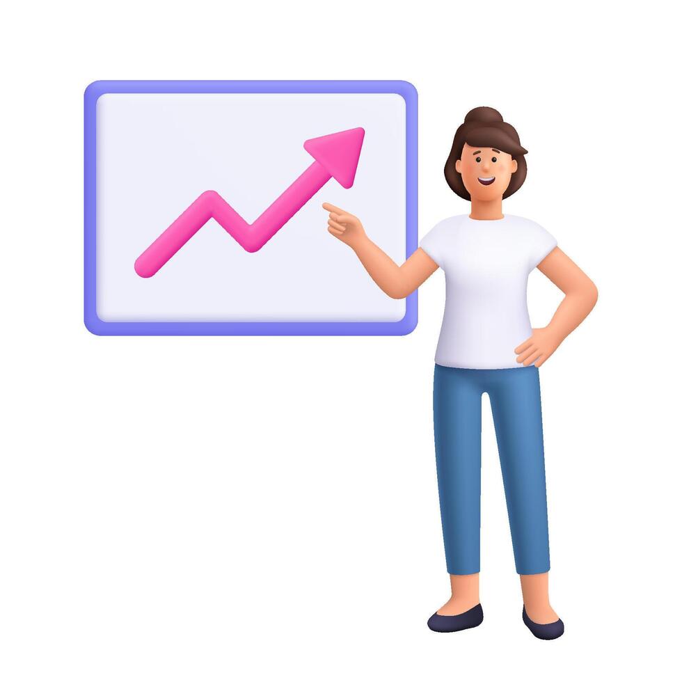 Woman standing in front of a board and presenting the increase revenue chart, pointing showing on board. Chart up. Business and finance concept. 3d people character. Cartoon minimal style. vector