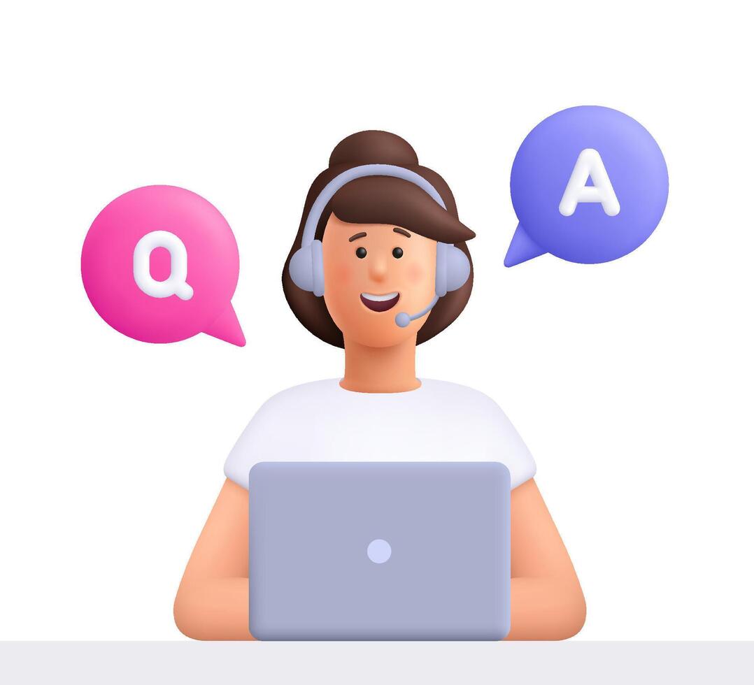 Office operator with headset and speech bubble QA, talking with clients. Customer service, call center, customer support, questions and answers, faq chat concept. 3d people character. vector