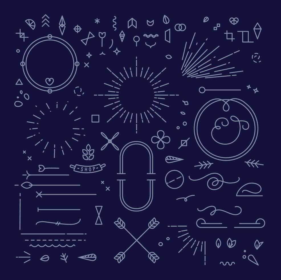 Flat design elements in vintage style drawing with gray lines on blue background vector