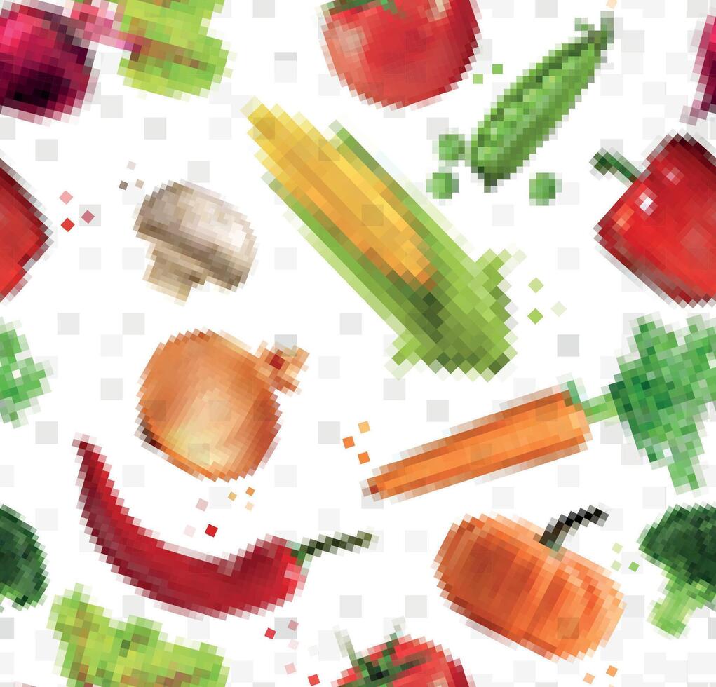 Pattern pixel vegetables corn, pepper, peas, broccoli, onion, beet, mushrooms, tomato, pumpkin, cabbage, cucumber, carrot, chili pepper, leek drawing on white background vector