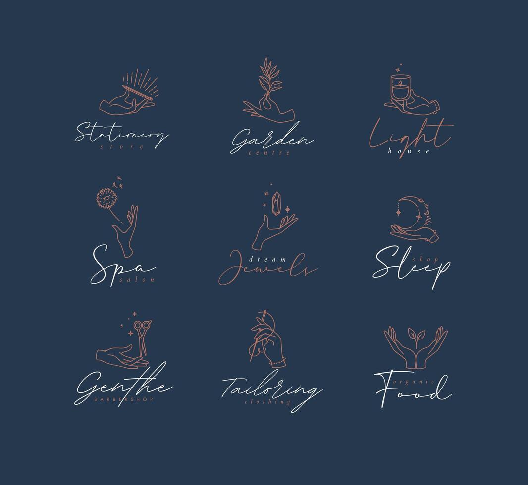 Hand symbol templates pen, branch, candle, dandelion, crystal, moon, scissors, needle, leaf in modern line style drawing on blue background vector