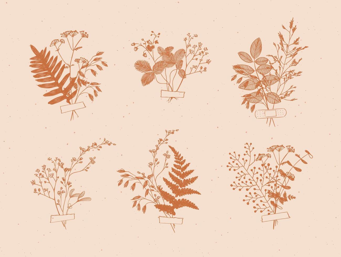 Branches and leaves are collected into a bouquet with sticker drawing in mustard color on beige background vector