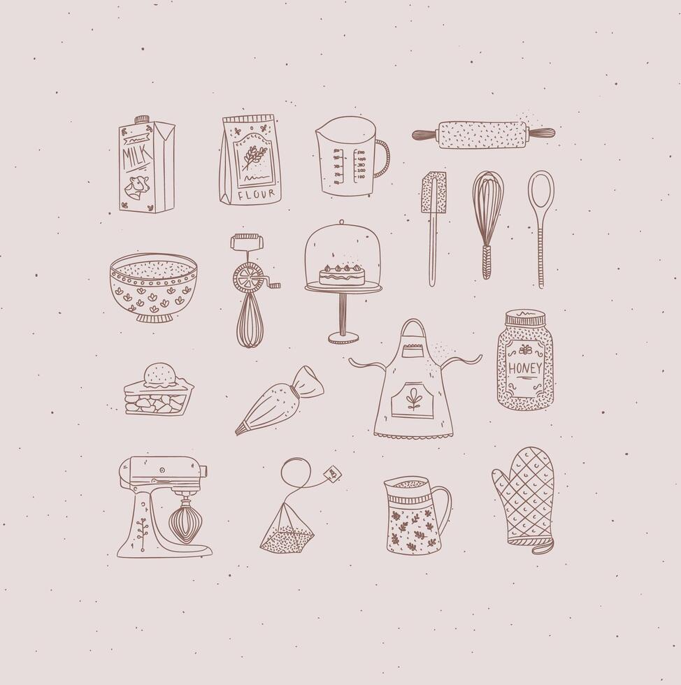 Set of kitchen bakery stuff drawing in handmade graphic primitive casual style on peach background. vector