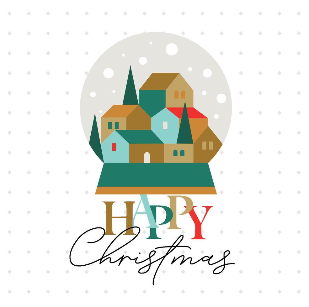 Poster winter snow globe in cubism style with small town lettering happy christmas drawing on light background vector