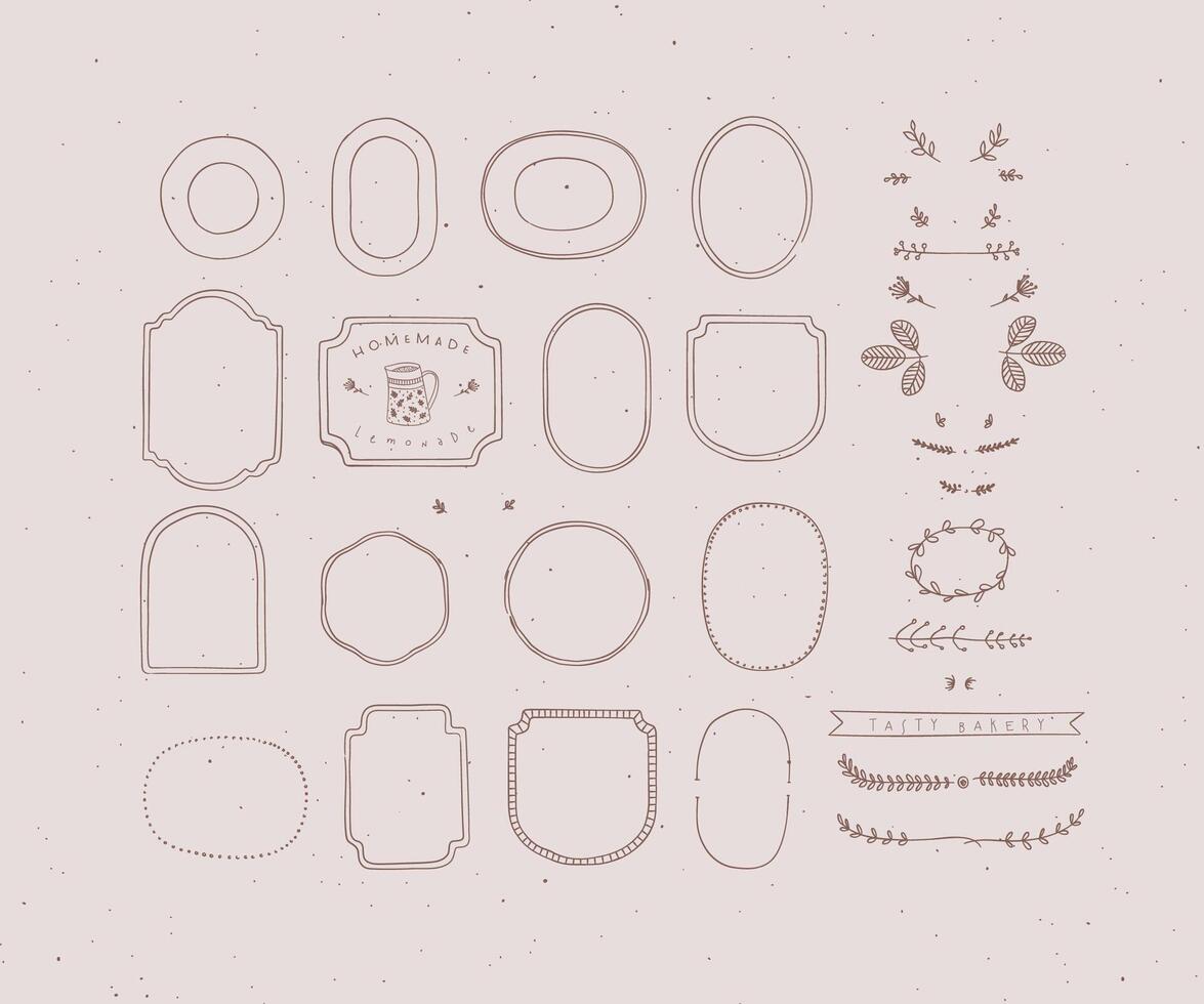 Set of frames and decor elements in handmade graphic primitive casual style on peach background. vector