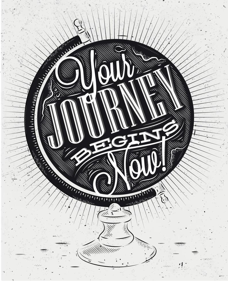 Tourist poster with lettering Your journey begins now on the globe in vintage style on old paper vector