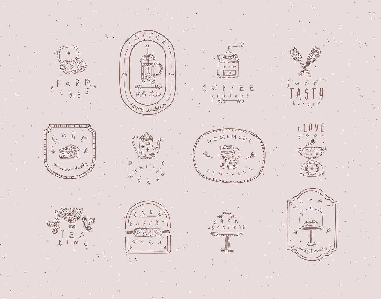 Set of kitchen labels with lettering drawing in handmade graphic primitive casual style on peach background. vector