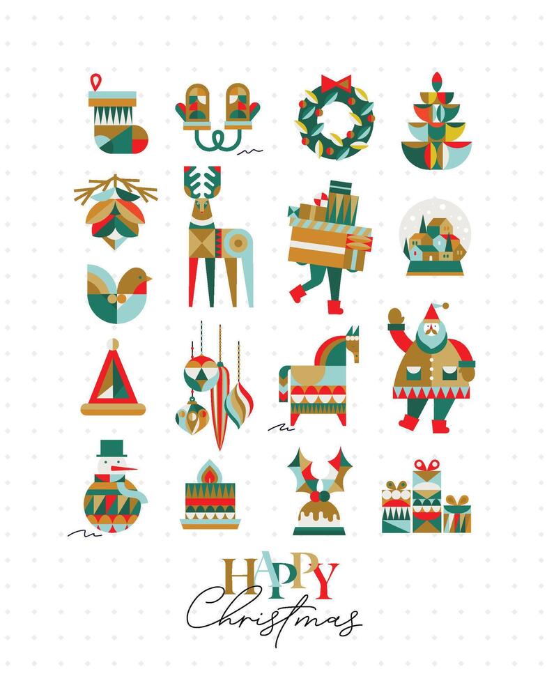 Set of Christmas symbols in cubism style sock, gloves, wreath, tree, cone, deer, gifts, winter snow globe, bird, hat, decorations, horse, Santa, snowman, pie, candle drawing on white background vector