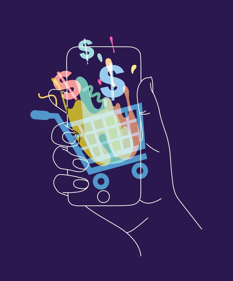Phone in hand with online shopping symbols drawing thin lines on blue background vector