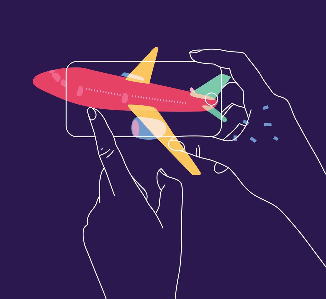 Phone in hand buying flight tickets drawing plane with thin lines on blue background vector