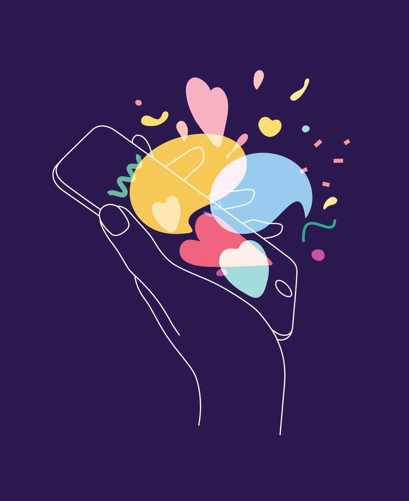 Phone in hand with love messages symbols drawing thin lines on blue background vector
