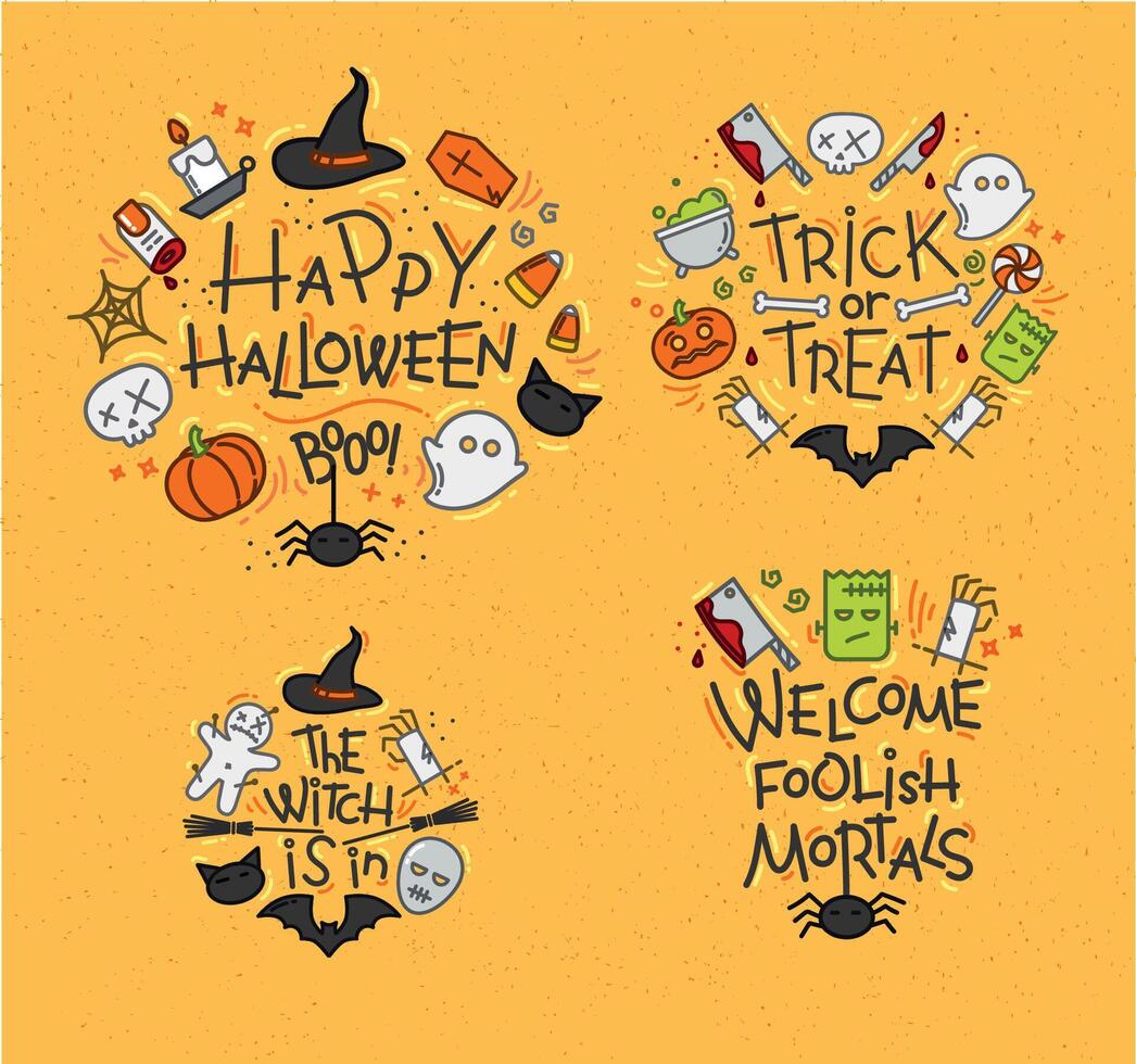 Set of halloween color monograms drawing in flat style on mustard background. vector