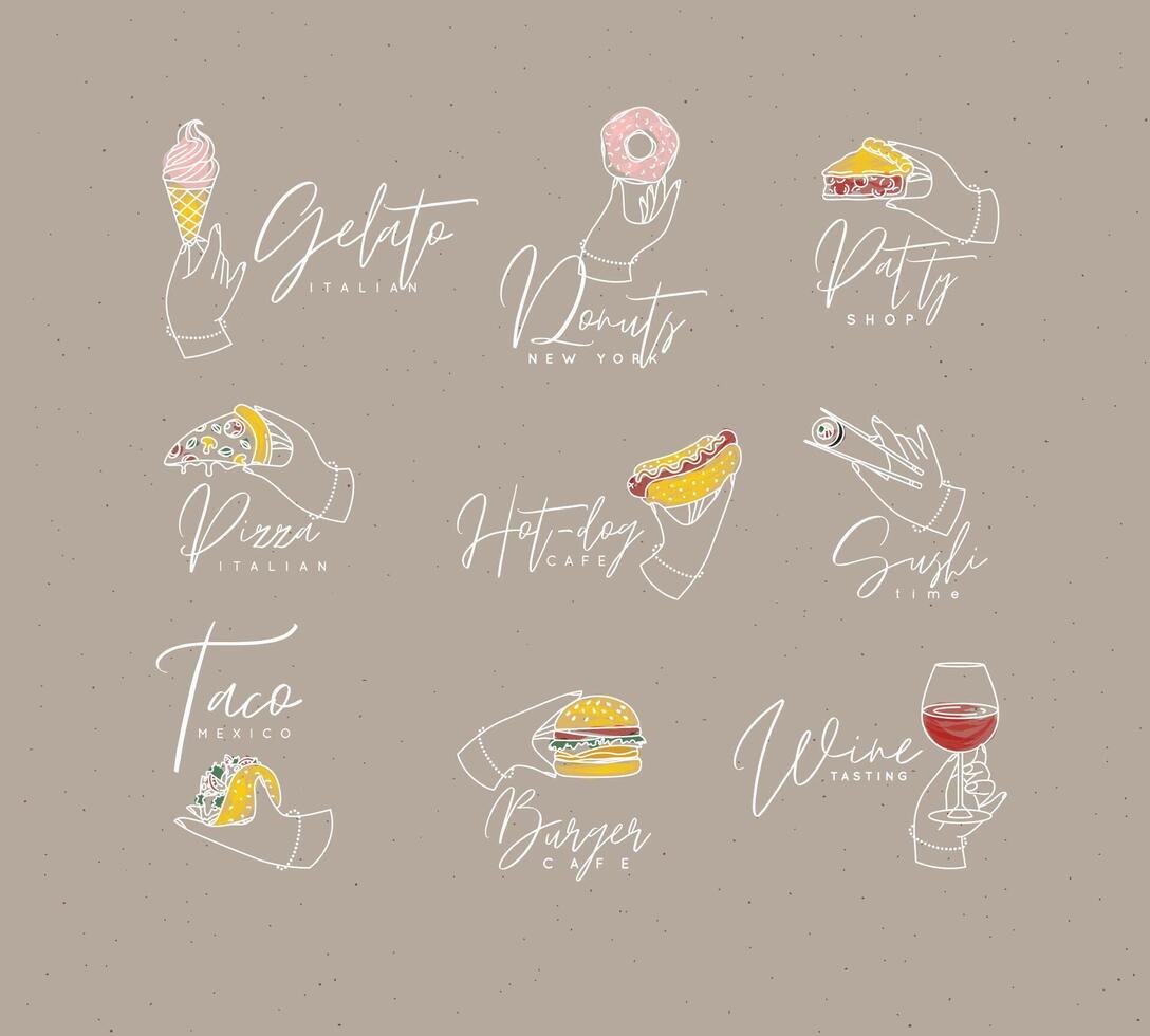 Set of renaissance hands holding donut, hot dog, pizza, sushi, pie, glass of wine, croissant, ice cream, cupcake, burger, coffee, taco with lettering drawing with color on coffee color background vector