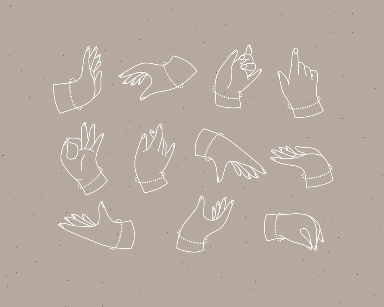 Set of renaissance hands with fingers icons in different positions drawing on coffee color background vector
