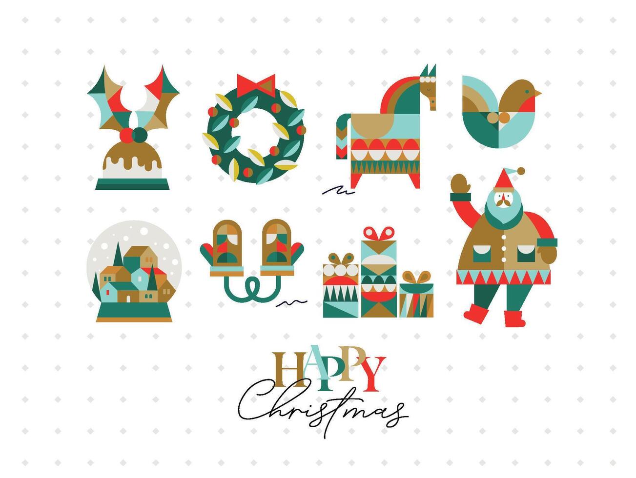 Set of Christmas symbols in cubism style gloves, wreath, gifts, winter snow globe, bird, horse, Santa drawing on light background vector