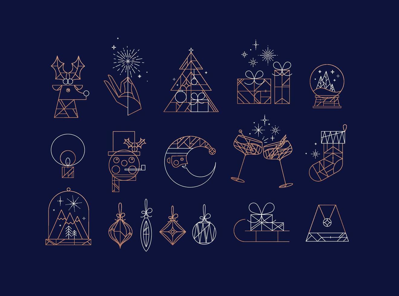 Set of christmas icons drawing in art deco line style on blue background vector
