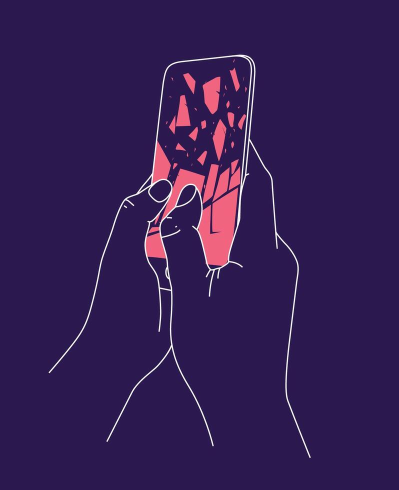 Phone breakdown in hands drawing with thin lines on blue background vector