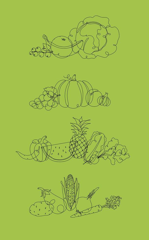 Fruits and vegetables mix illustration in pen hand drawing lines style on green background vector