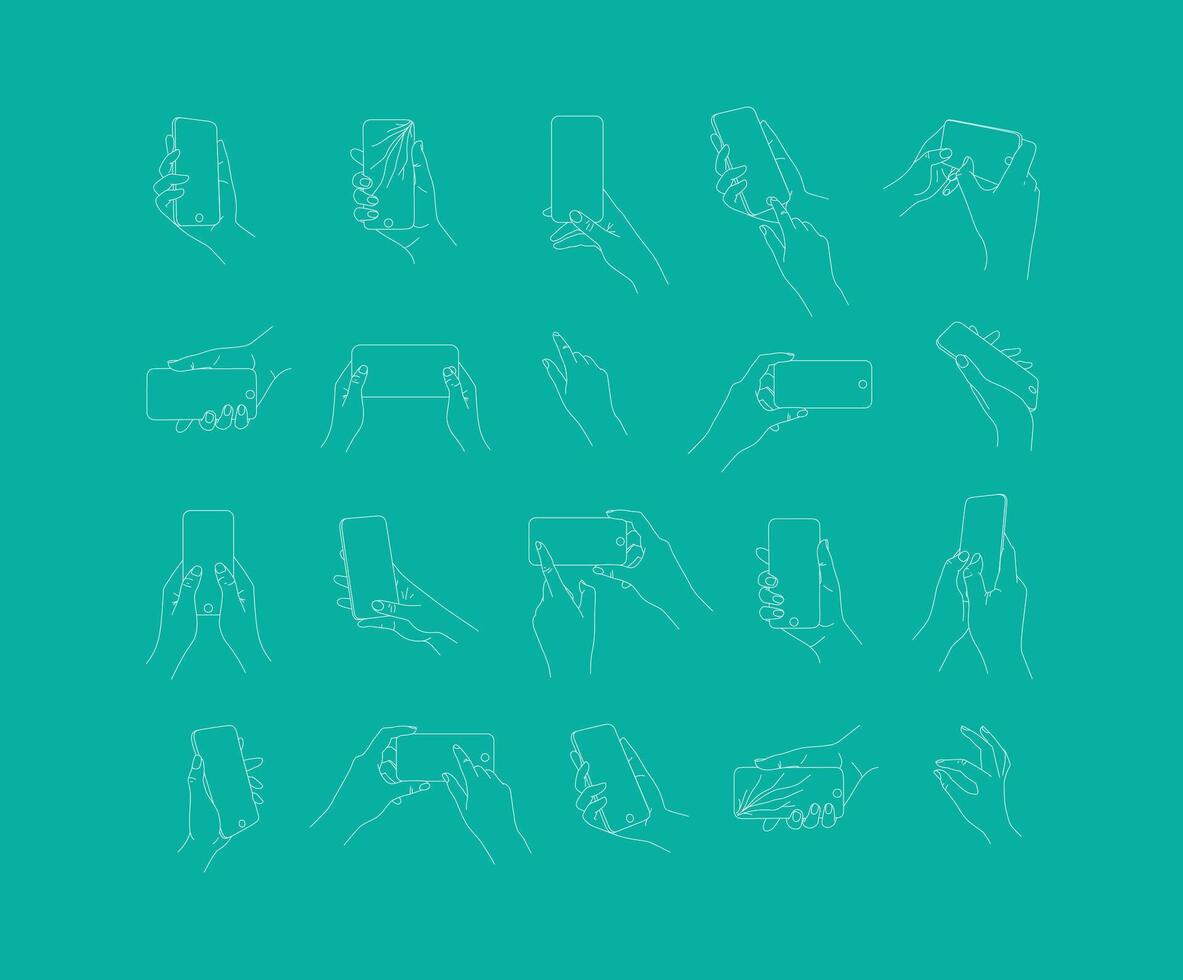 Set of hand phone in different positions and navigation drawing with thin lines on blue background. vector