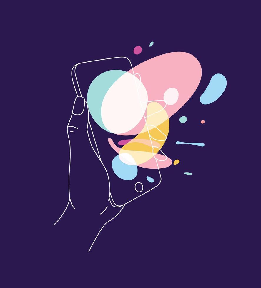 Phone in hand with multimedia symbols drawing thin lines on blue background vector