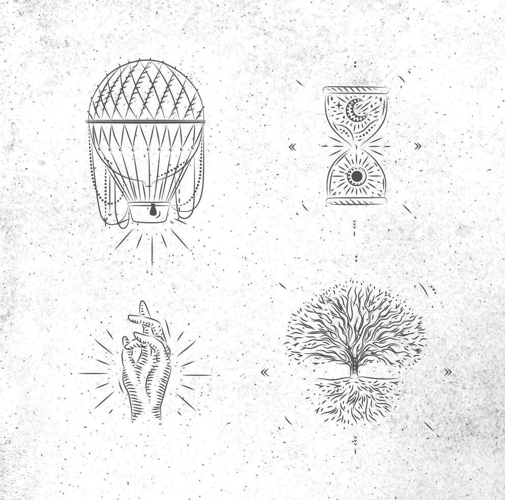 Magic and mystic signs and symbols hot air balloon, hourglass, hand, tree of life drawing on dirty paper background vector