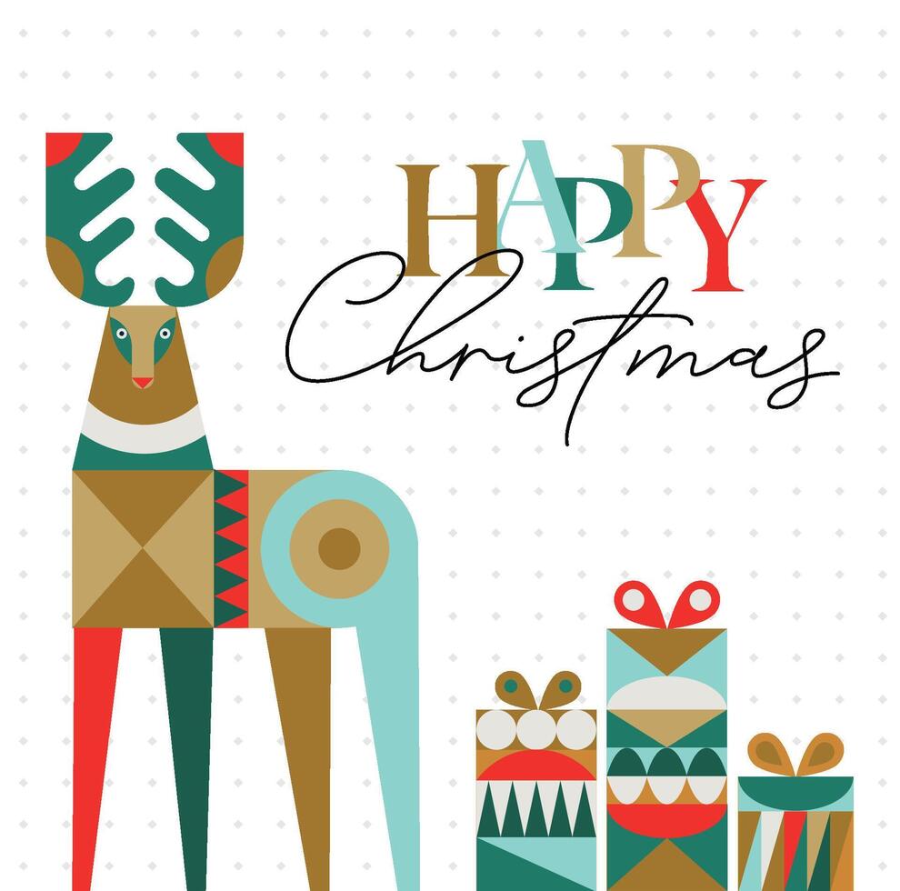 Poster deer and present box in cubism style with lettering happy christmas drawing on light background vector