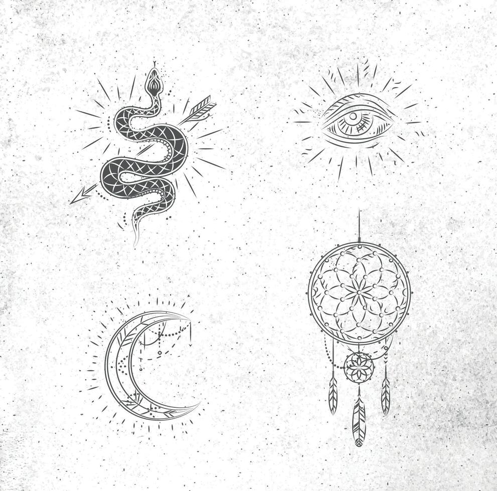 Magic and mystic signs and symbols snake, eye, moon, dreamcatcher drawing on dirty paper background vector