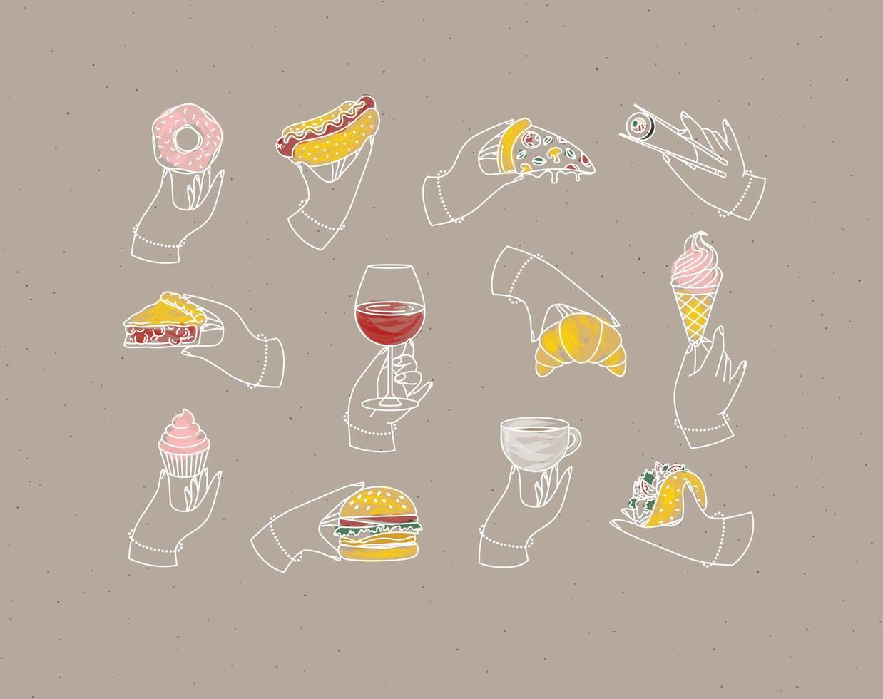 Set of renaissance hands holding donut, hot dog, pizza, sushi, pie, glass of wine, croissant, ice cream, cupcake, burger, coffee, taco drawing with color on coffee color background vector