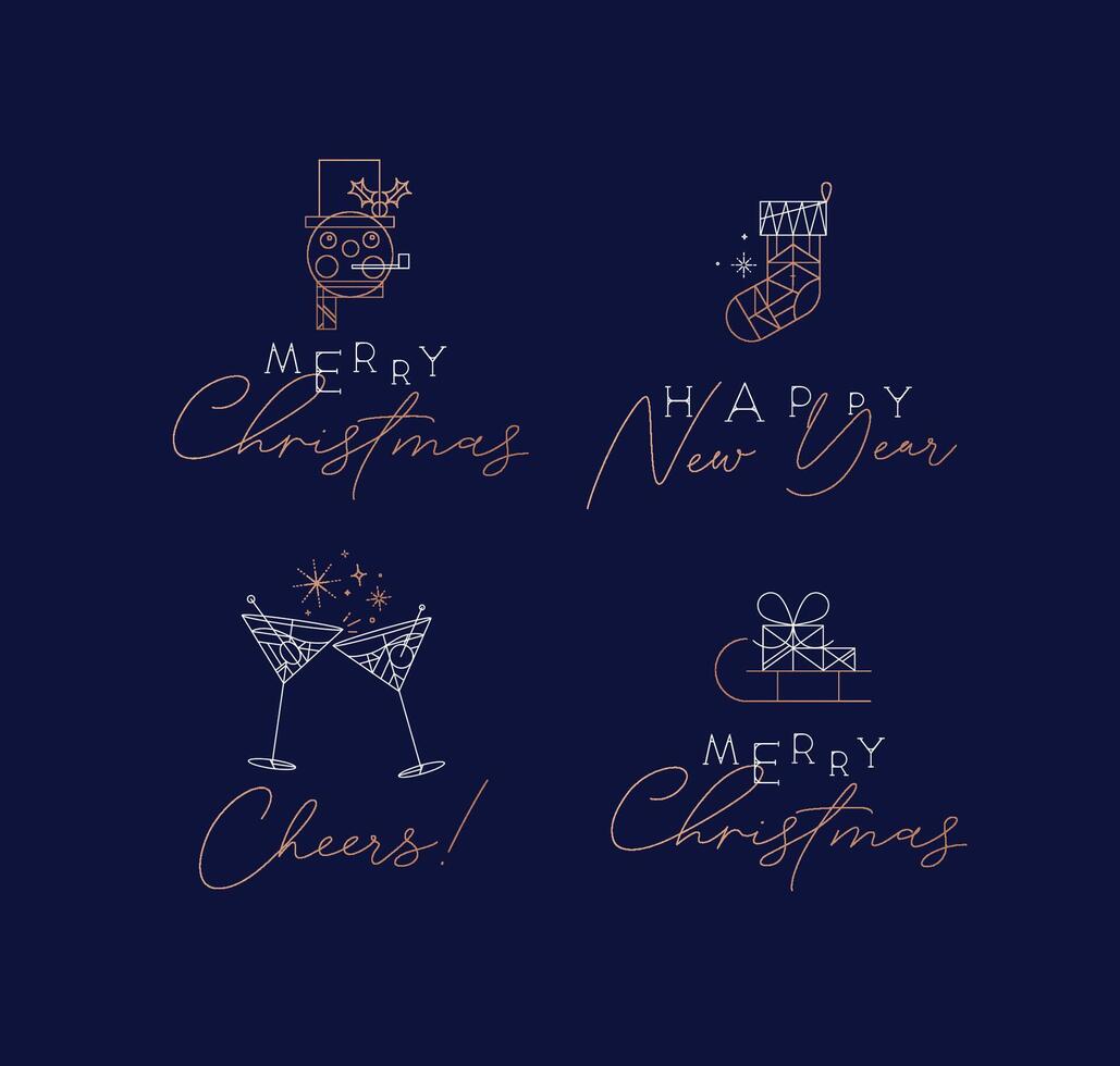 Set of Christmas and Happy New Year art deco labels with lettering drawing in vintage line style on blue background vector