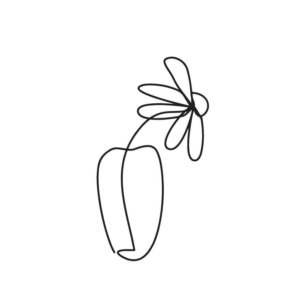 Abstract flower in vase. Hand drawn illustration. Linear contour icon. Line continuous drawing. Floral design, botanical print, card, wall art poster, logo, doodle, symbol. vector