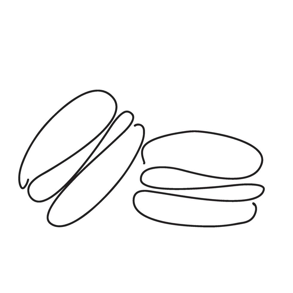 Continuous one line drawing of colorful French macaroons isolated on white background. Hand drawn macarons minimal design art, confectionery concept. illustration for restaurant menu vector