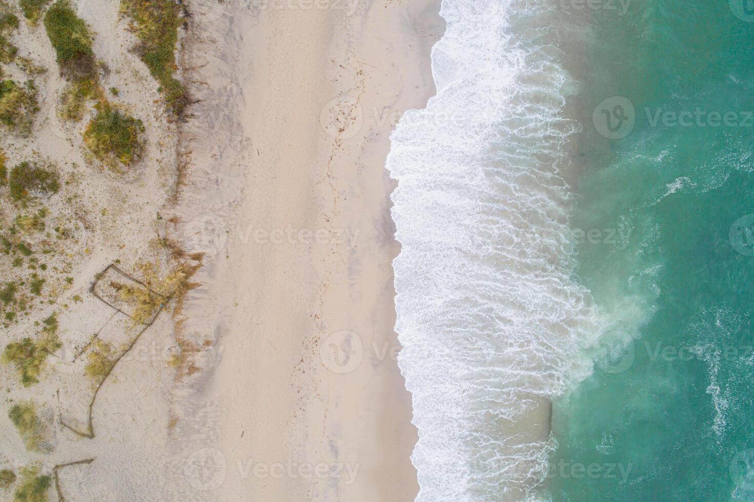 beach with turquoise sea water and palm trees, aerial drone shot, Top view of beautiful white sand photo
