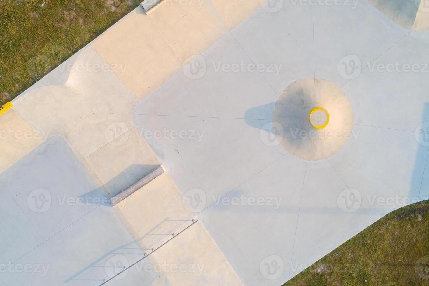 Aerial view of a public playground for a skateboard in a recreation park. photo