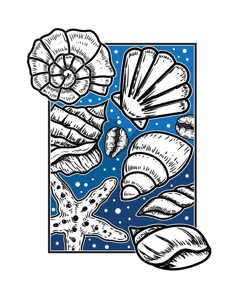 hand drawn decorative white shells on blue background vector